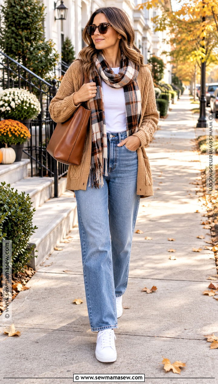 Cable Knit Cardigan With T Shirt And Relaxed Jeans - 15 autumn cable knit style ideas