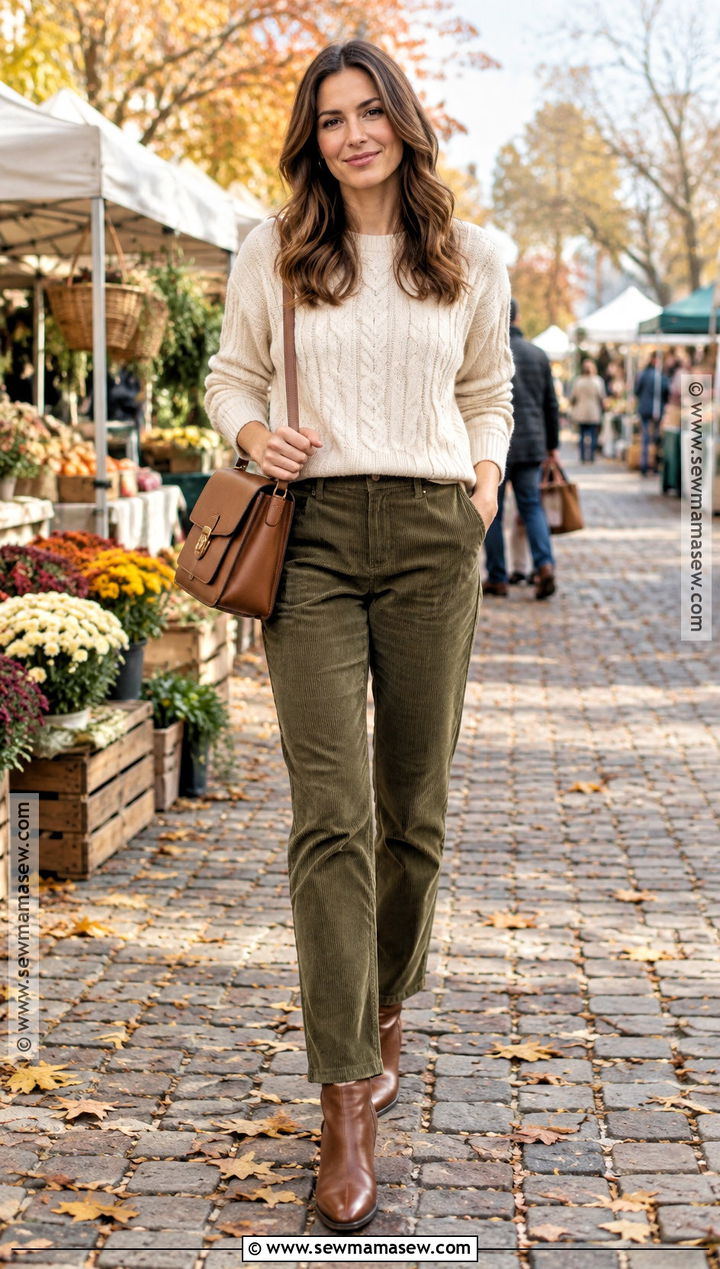 Cable Knit Cashmere Sweater With Corduroy Pants - 15 cashmere sweater fall fashion ideas