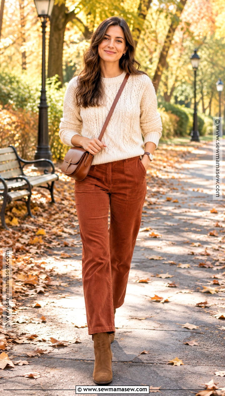 Cable Knit Jumper With Corduroy Pants - 20 fall jumper outfit ideas