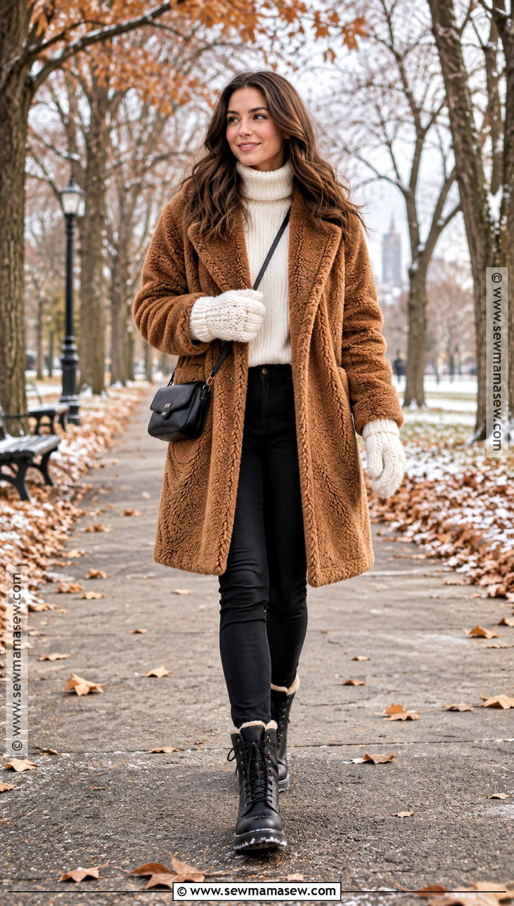 Cable Knit Mittens With Teddy Coat Outfit - 15 Knit Accessories Fall Fashion