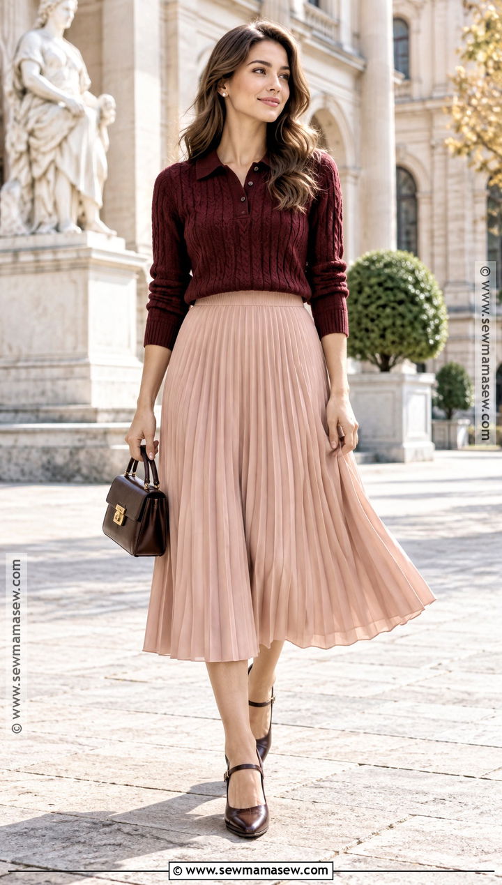 Cable Knit Polo Sweater With Pleated Skirt - 15 autumn cable knit style ideas