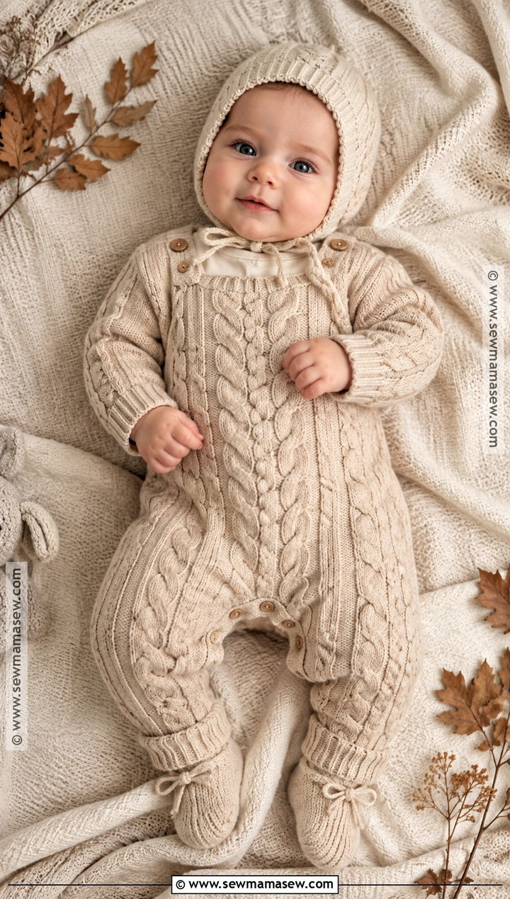 Cable Knit Romper And Bonnet Outfit - 15 Baby First Thanksgiving Outfit Ideas
