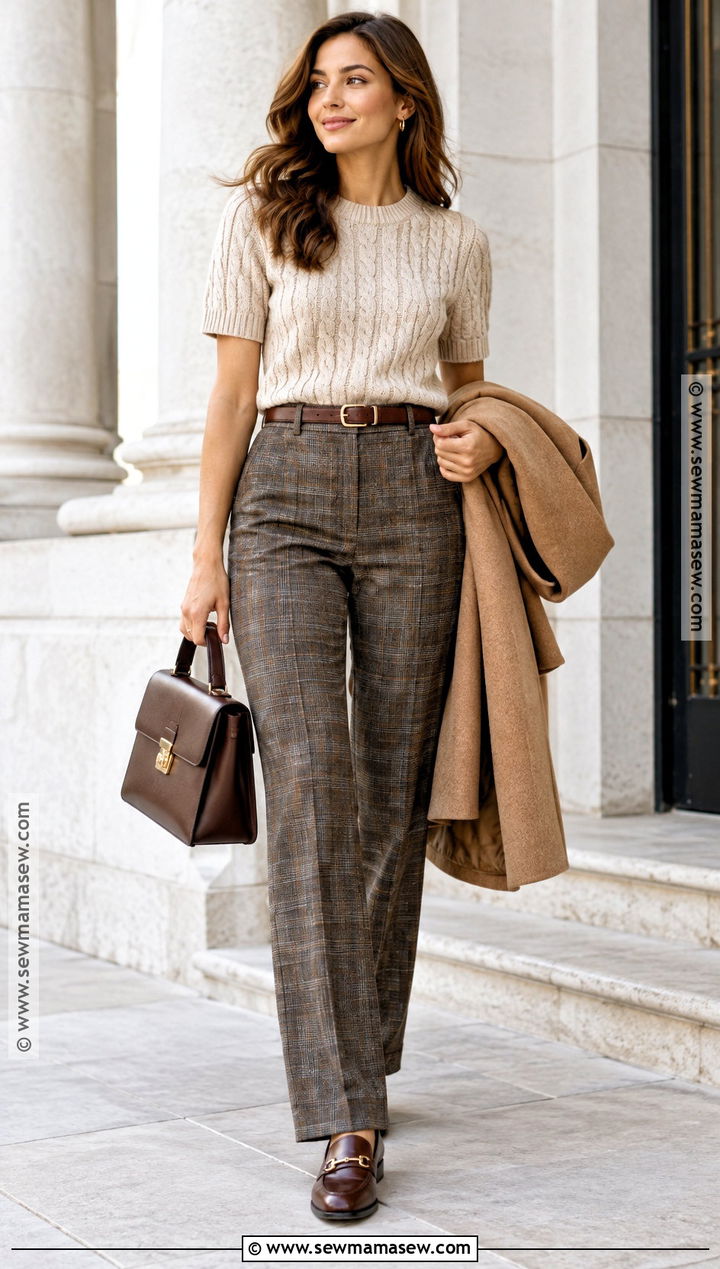 Cable Knit Short Sleeve Sweater With Plaid Trousers - 20 Short Sleeve Sweater Outfit Fall Ideas