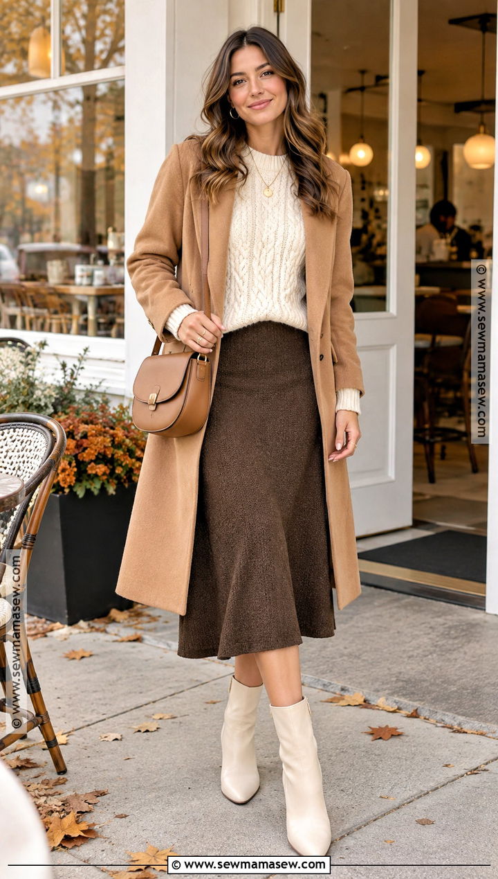 Cable Knit Sweater And Brown Midi Skirt Outfit - 20 fall outfits shein codes