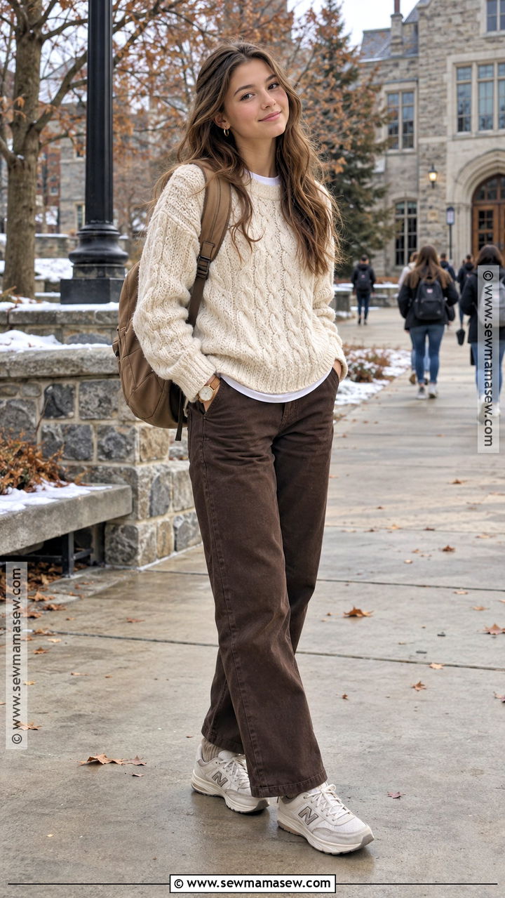 Cable Knit Sweater And Brown Pants High School Outfit - 20 fall outfits high school