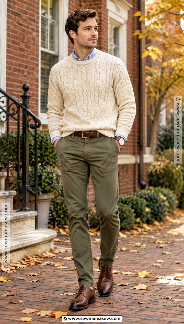 Cable Knit Sweater And Chinos Fall Outfit - 25 Fall Mens Outfits