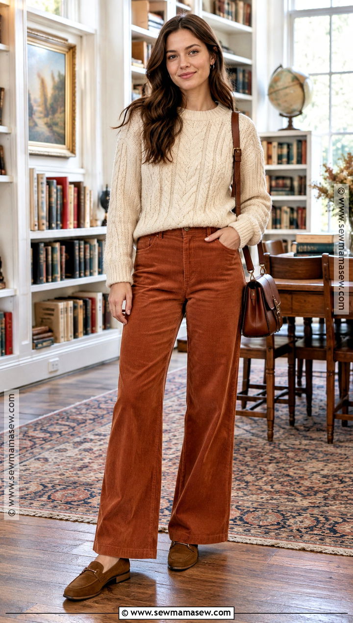 Cable Knit Sweater And Corduroy Pants Fall Outfit - 25 comfy outfits fall