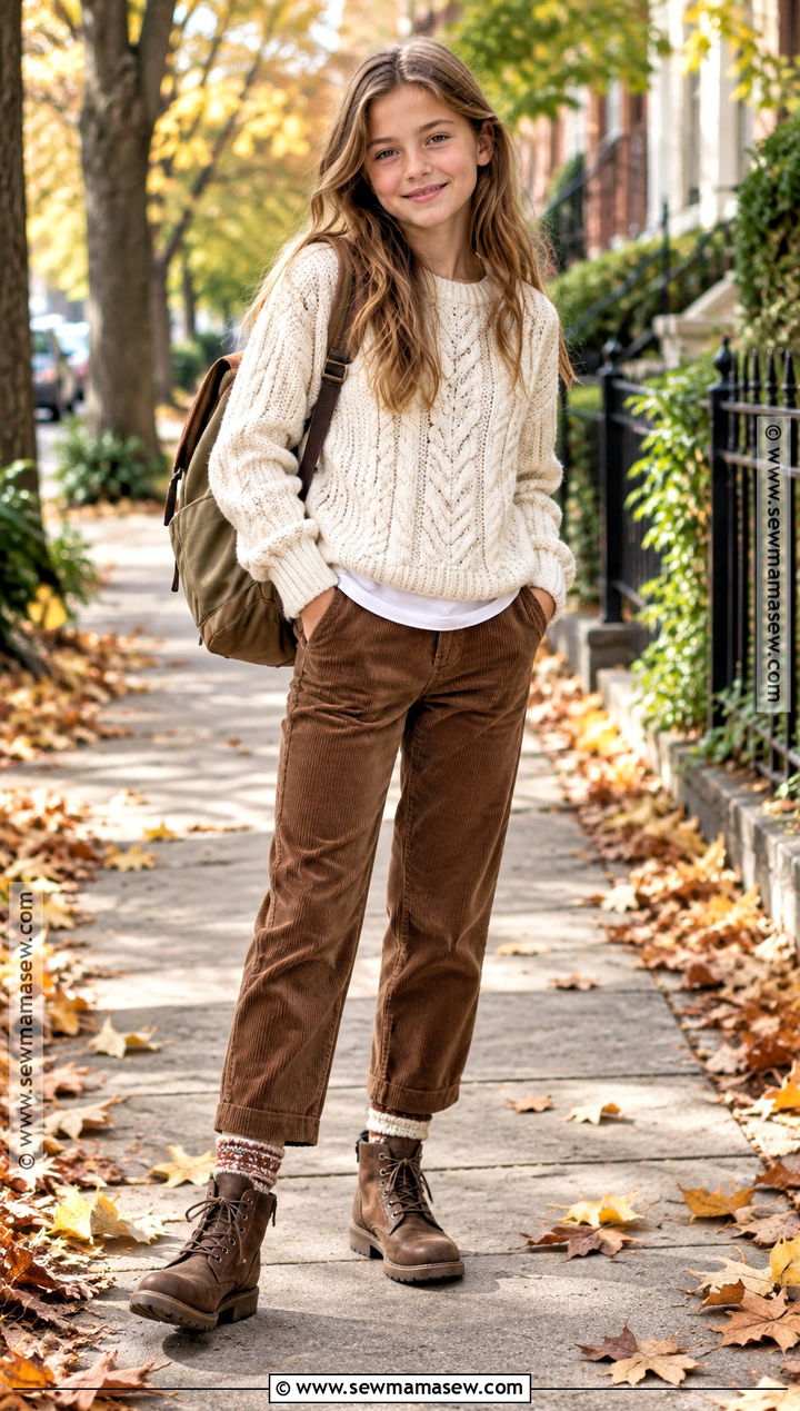Cable Knit Sweater And Corduroy Pants Fall Outfit - 20 fall outfits for girls 10-12