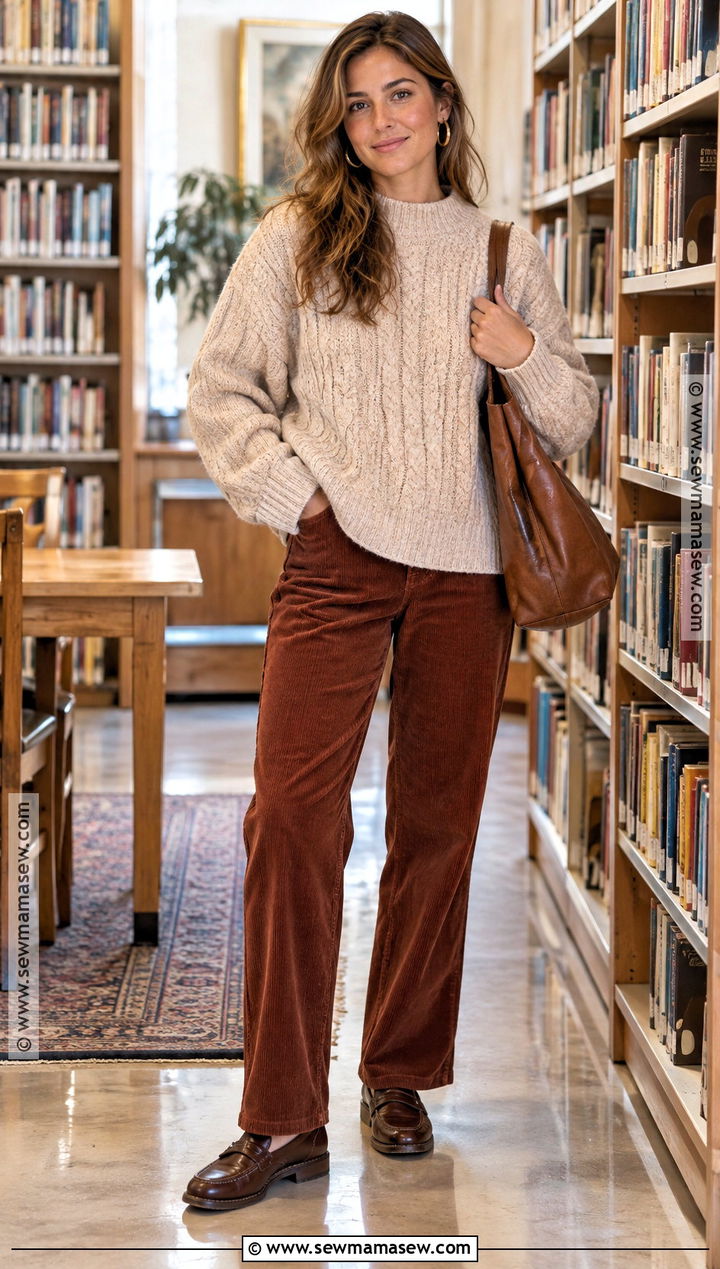Cable Knit Sweater And Corduroy Pants Library Outfit - 15 fall library outfit ideas