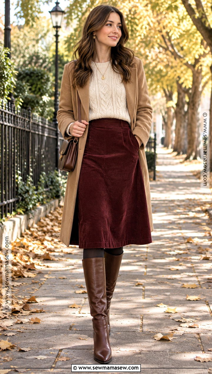 Cable Knit Sweater And Corduroy Skirt Autumn Outfit - 20 autumn cozy outfit ideas