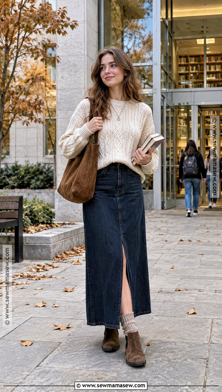 Cable Knit Sweater And Denim Maxi Skirt Autumn Uni Outfit - 25 autumn uni outfits