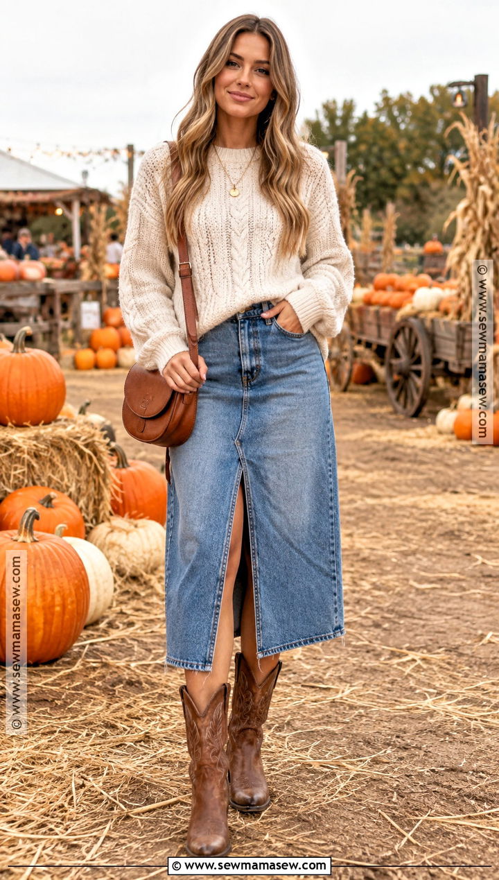 Cable Knit Sweater And Denim Skirt Outfit - 25 cute pumpkin patch outfits