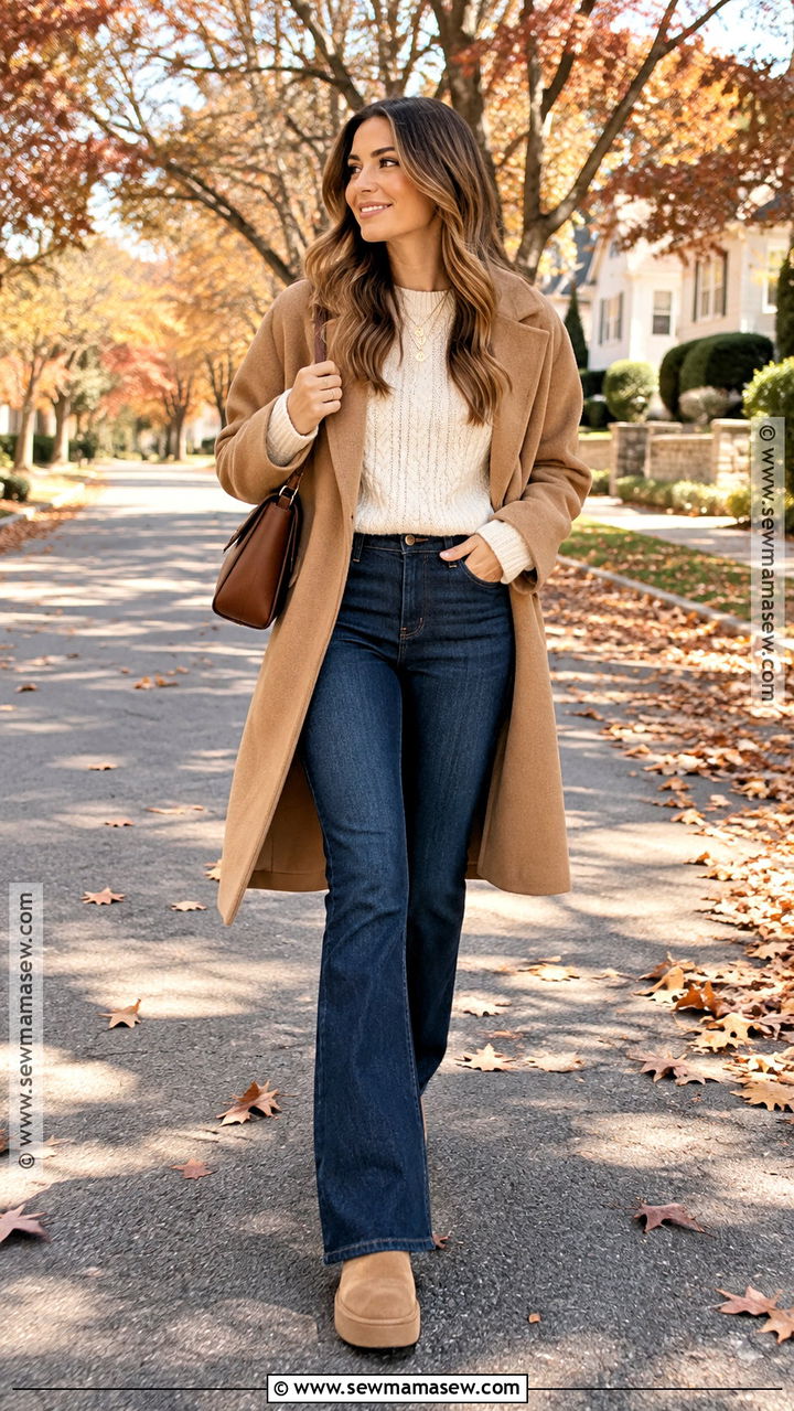 Cable Knit Sweater And Flare Jeans With Mini Uggs - 20 Thanksgiving Outfit With Uggs Ideas