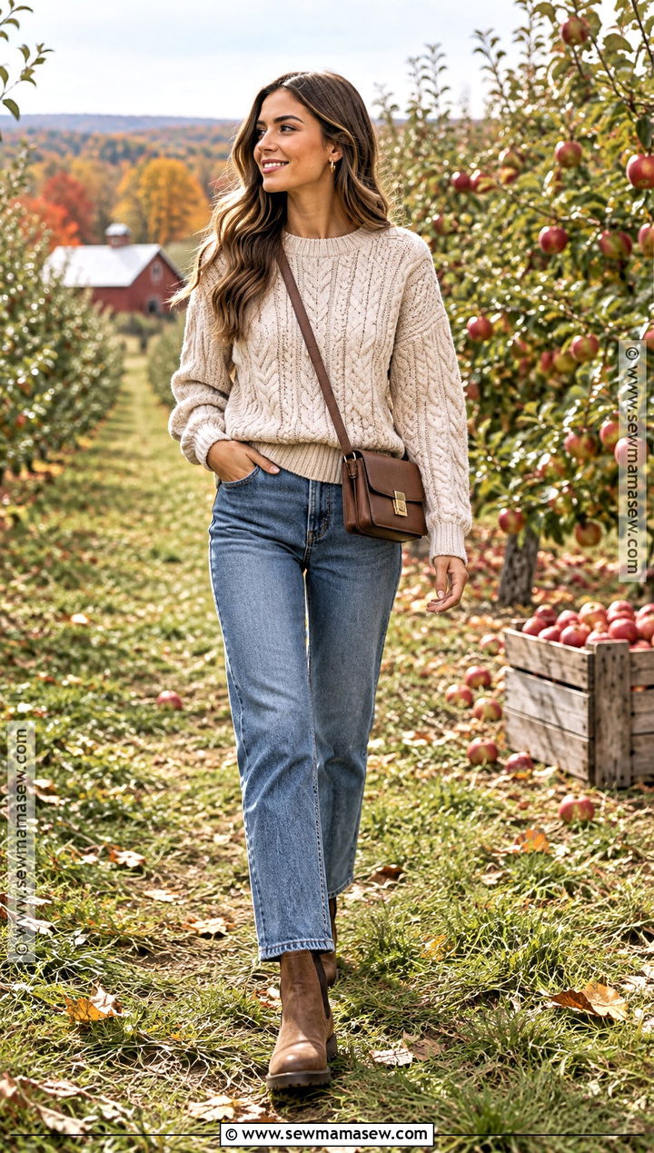 Cable Knit Sweater And Jeans Fall Outfit - 20 outdoor fall outfits