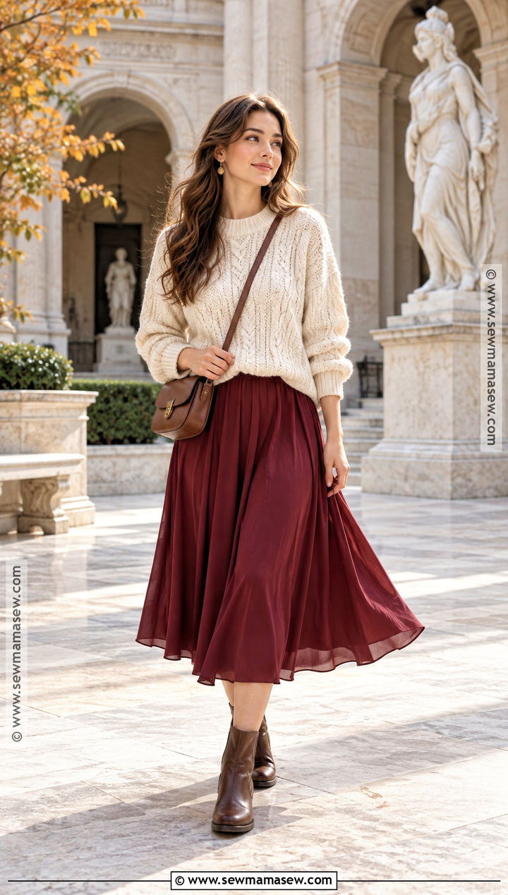 Cable Knit Sweater And Midi Skirt Autumn Outfit - 20 comfy autumn outfits casual