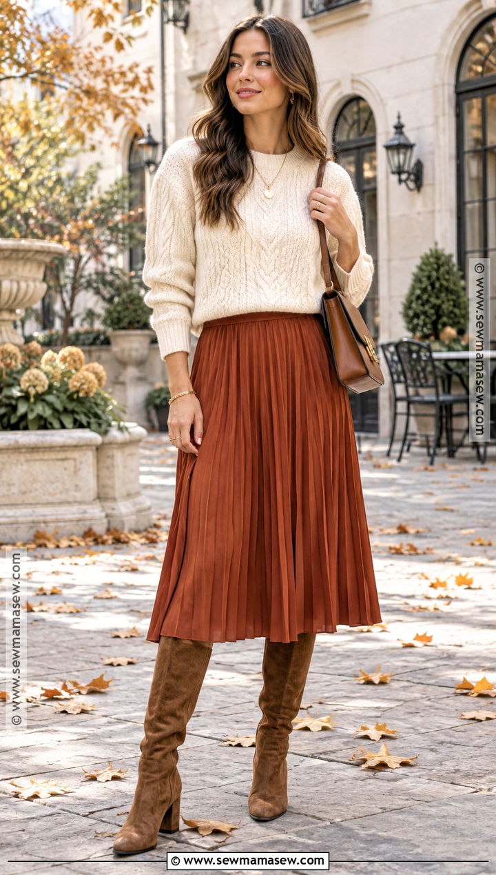 Cable Knit Sweater And Midi Skirt Fall Outfit - 25 Warm Fall Outfits Weather