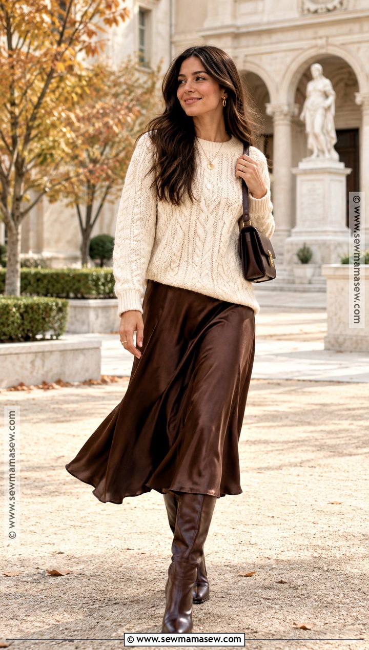 Cable Knit Sweater And Midi Skirt Outfit - 15 Fall Cozy Outfit Casual Ideas