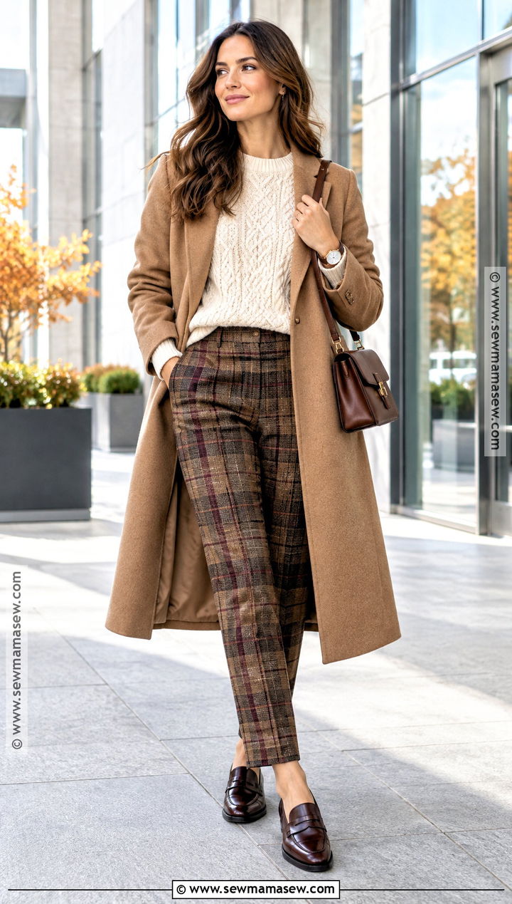 Cable Knit Sweater And Plaid Pants Autumn Outfit - 30 warm autumn outfits