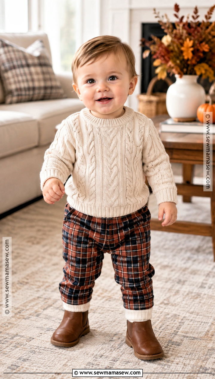 Cable Knit Sweater And Plaid Pants Outfit - 20 baby thanksgiving outfit ideas for boys