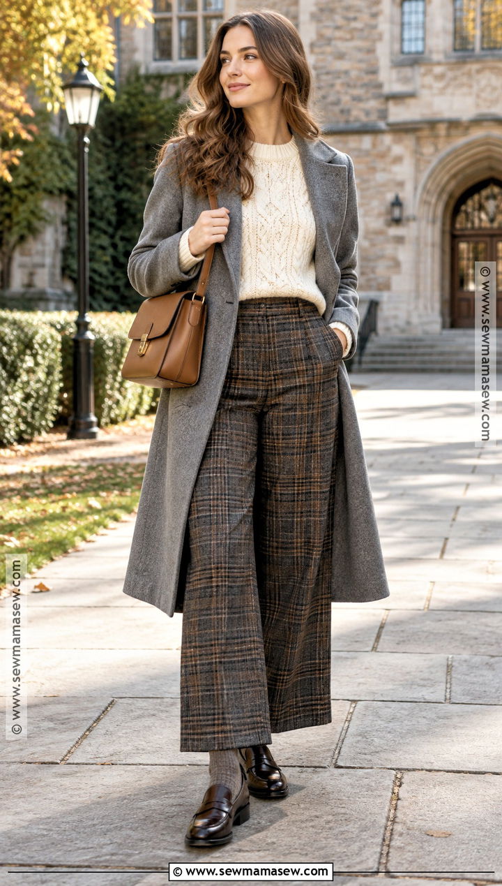 Cable Knit Sweater And Plaid Trousers Outfit - 15 Fall Fashion Fabric Inspiration Ideas
