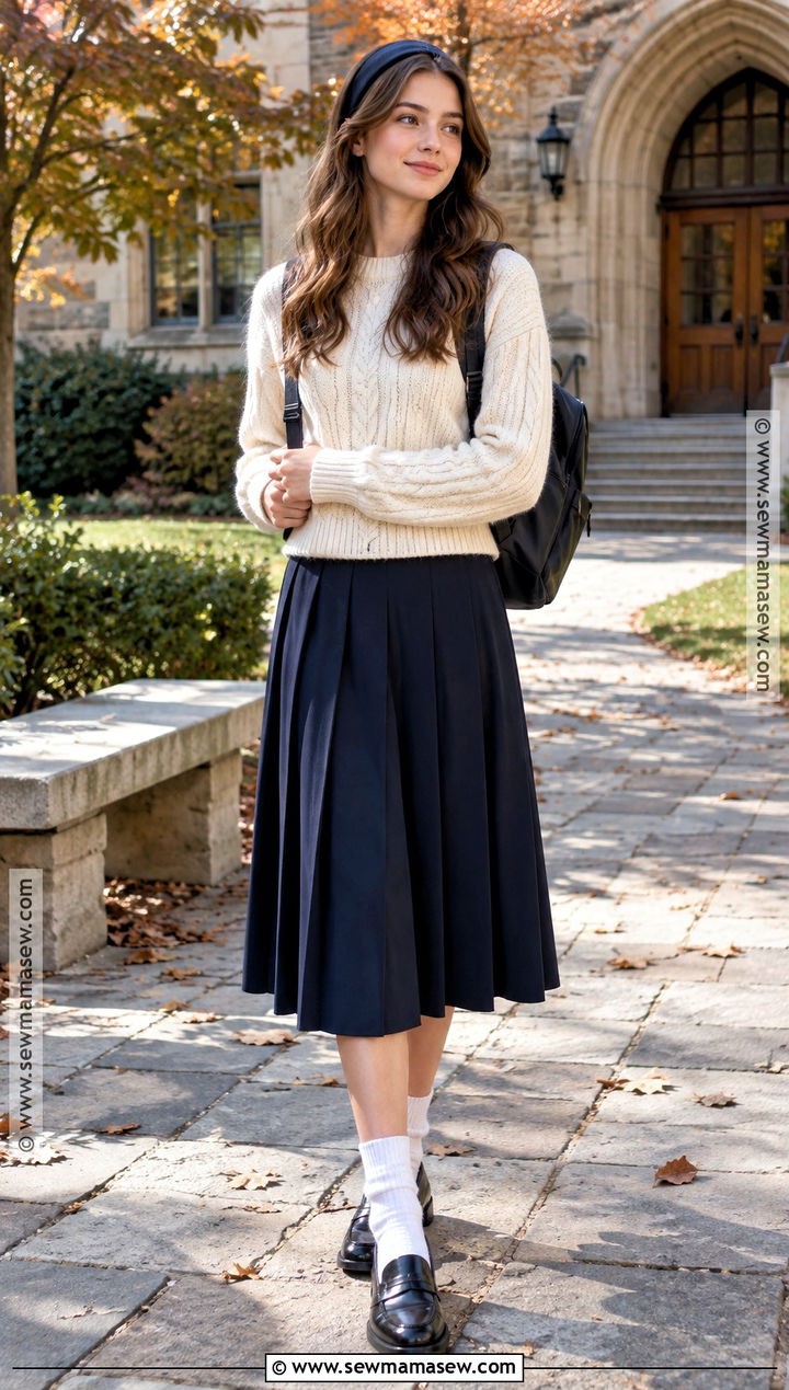 Cable Knit Sweater And Pleated Skirt School Outfit - 20 first day of school outfit fall ideas