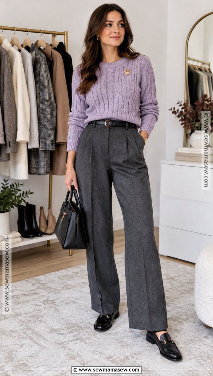 Cable Knit Sweater And Pleated Trousers Fall Outfit - 15 Fall Fashion Clothing Rack Ideas