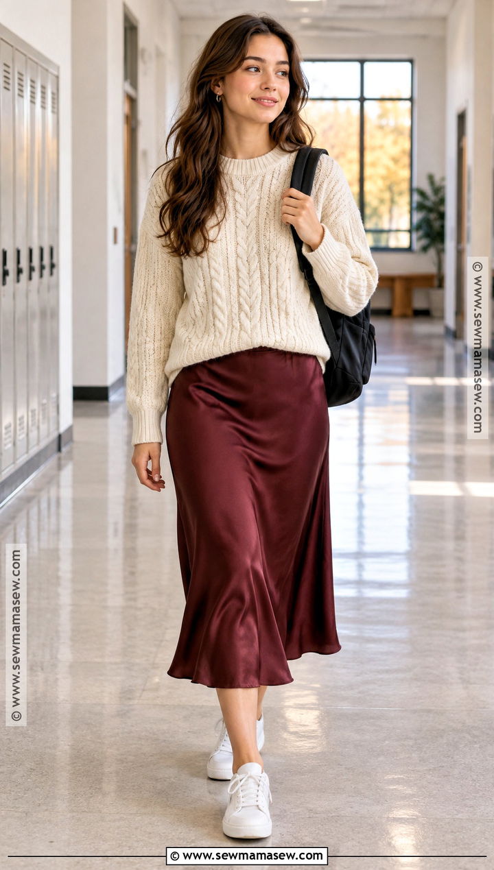 Cable Knit Sweater And Satin Midi Skirt School Outfit - 25 autumn outfits for school