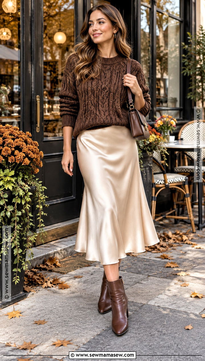 Cable Knit Sweater And Satin Skirt Autumn Brunch Outfit - 25 autumn brunch outfit ideas