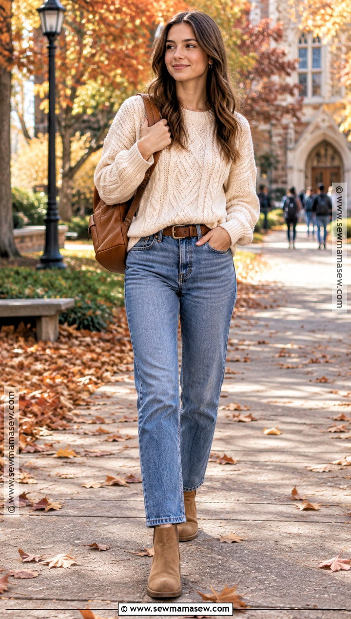 Cable Knit Sweater And Straight Jeans School Outfit - 20 autumn school outfit ideas
