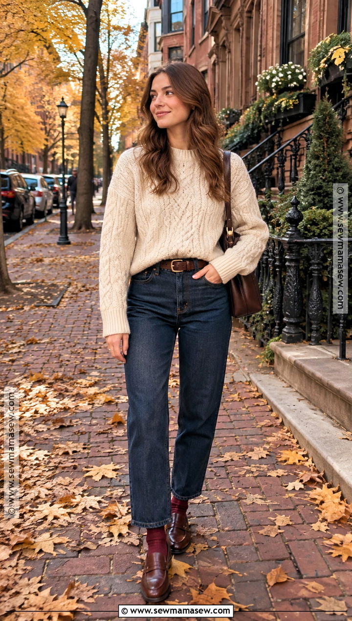 Cable Knit Sweater And Straight Leg Jeans East Coast Fall Outfit - 15 east coast aesthetic outfits fall