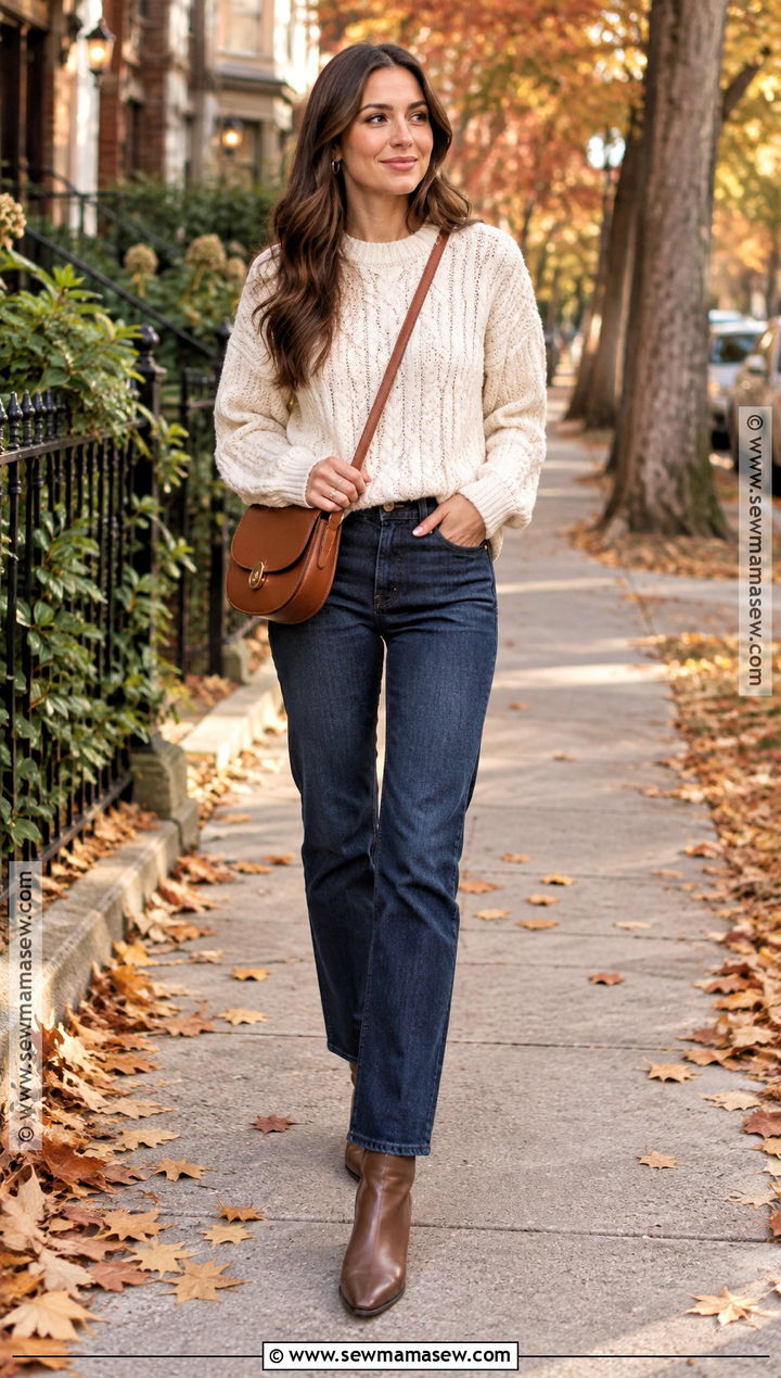 Cable Knit Sweater And Straight Leg Jeans Fall Outfit - 25 cozy fall fits