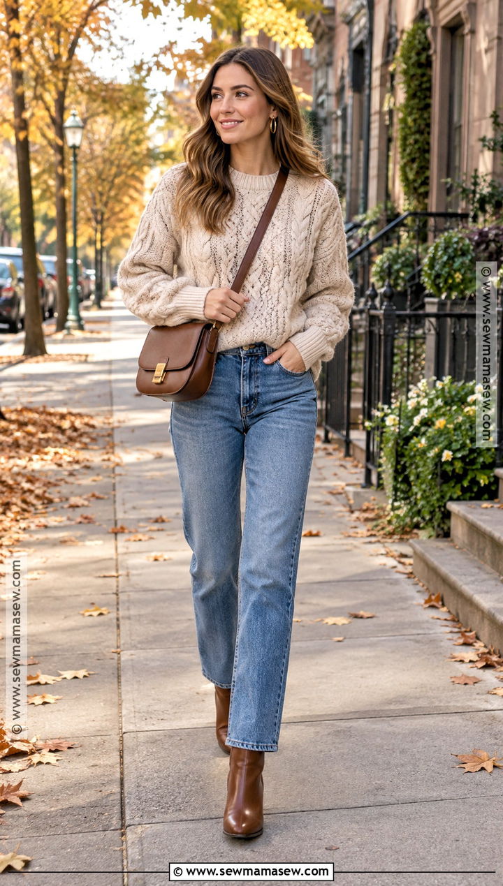 Cable Knit Sweater And Straight Leg Jeans - 20 Sweater Weather Vibes Ideas