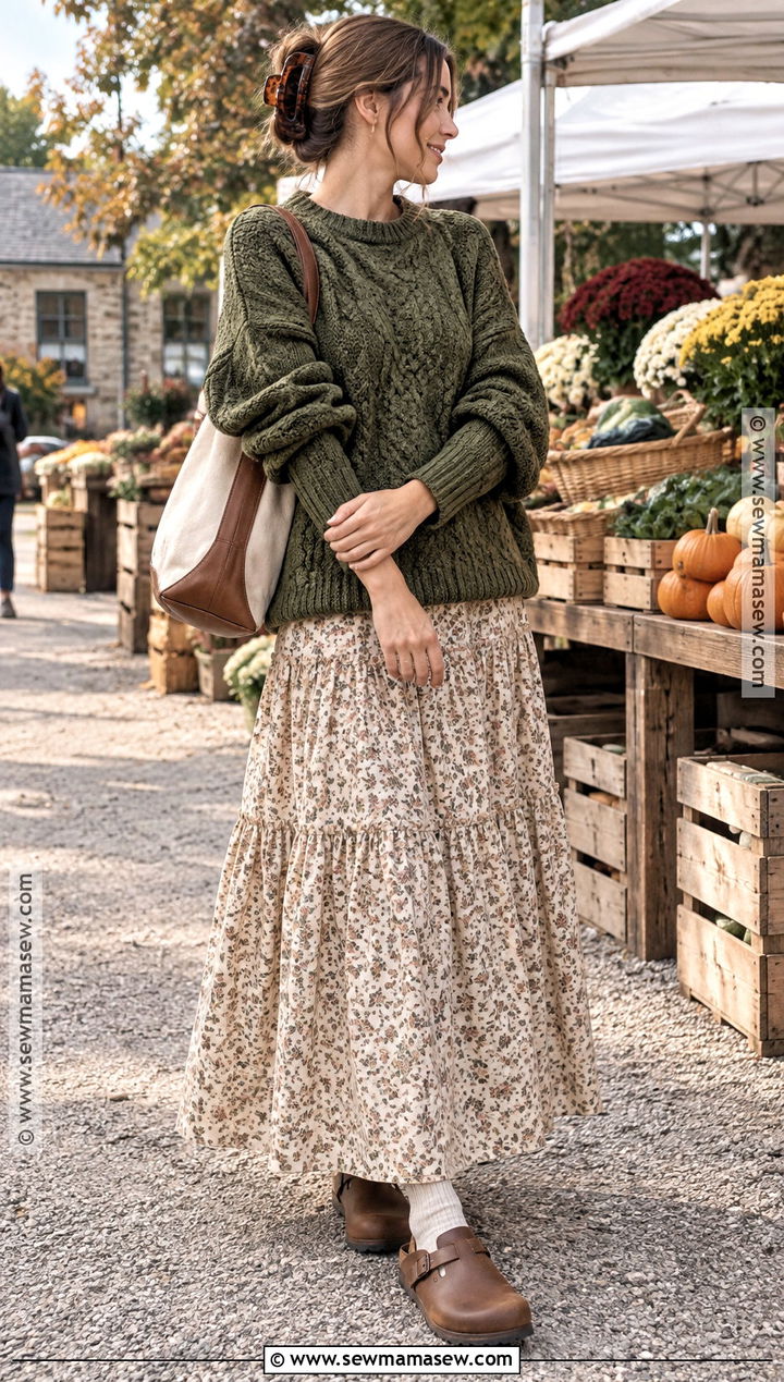 Cable Knit Sweater And Tiered Skirt Cottagecore Fall Outfit - 20 cottagecore fall outfits