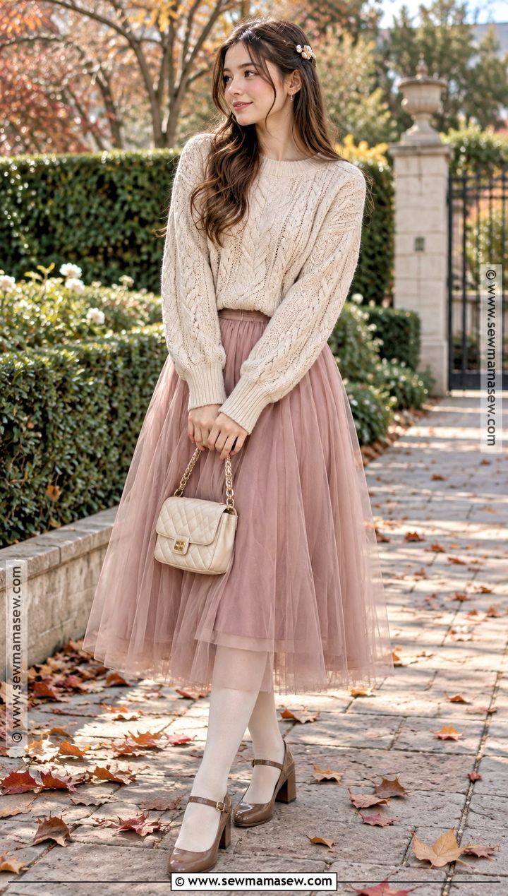 Cable Knit Sweater And Tulle Skirt Shoujo Girl Fall Outfit - 20 shoujo girl fall outfits