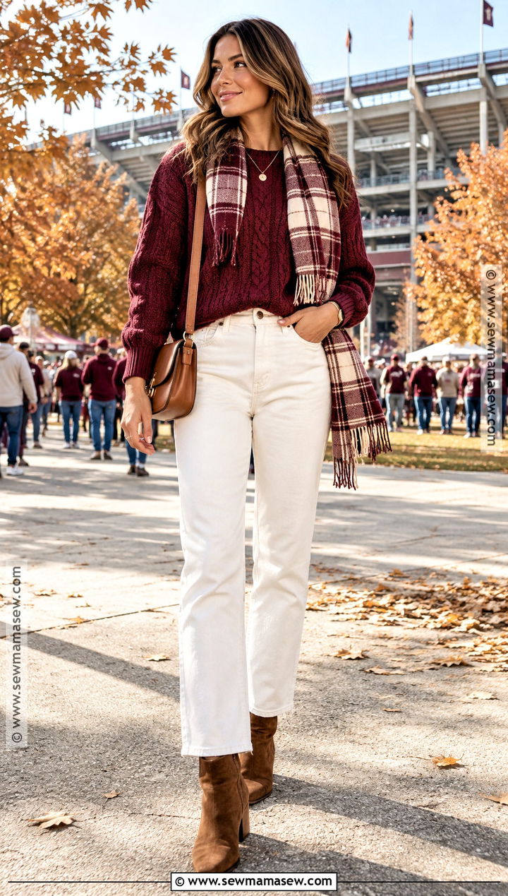 Cable Knit Sweater And White Jeans Football Outfit - 20 cute fall football game outfits
