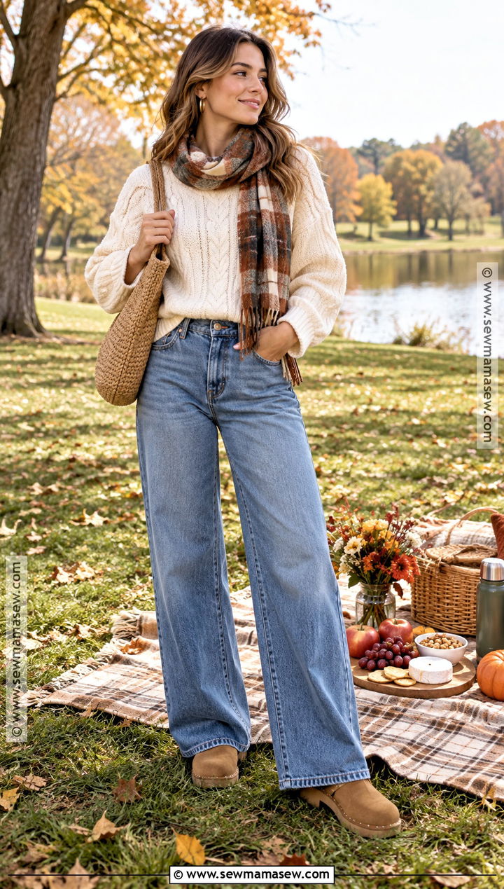 Cable Knit Sweater And Wide Leg Jeans - 25 autumn picnic outfit ideas