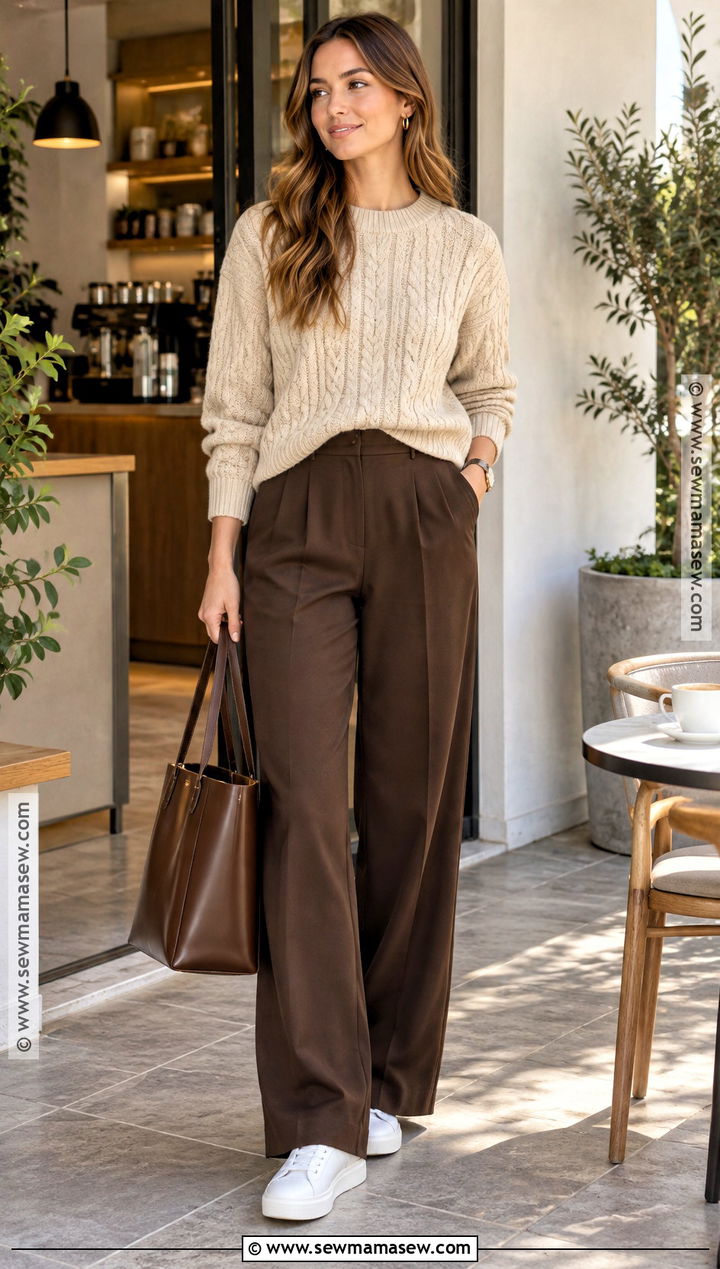 Cable Knit Sweater And Wide Leg Trousers Outfit - 15 outfit ideas 2026 autumn