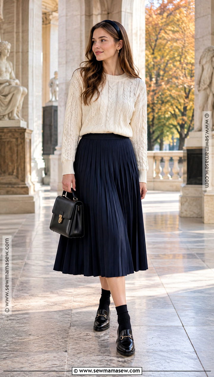 Cable Knit Sweater Fall Outfit With Pleated Skirt - 30 fall outfits 2026