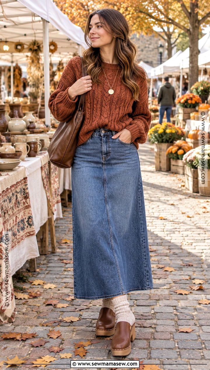 Cable Knit Sweater Jean Maxi Skirt And Clogs - 25 jean skirt fall outfits
