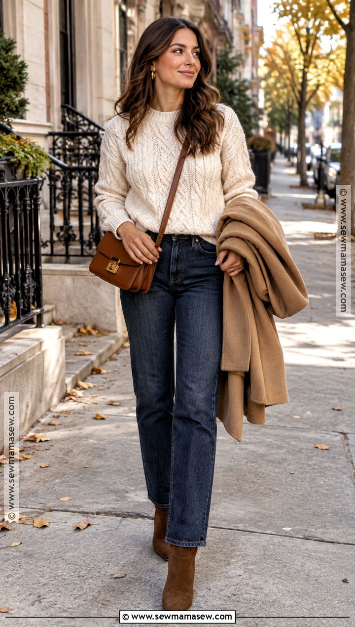 Cable Knit Sweater Outfit With Straight Leg Jeans - 15 Knitwear Fall Ideas