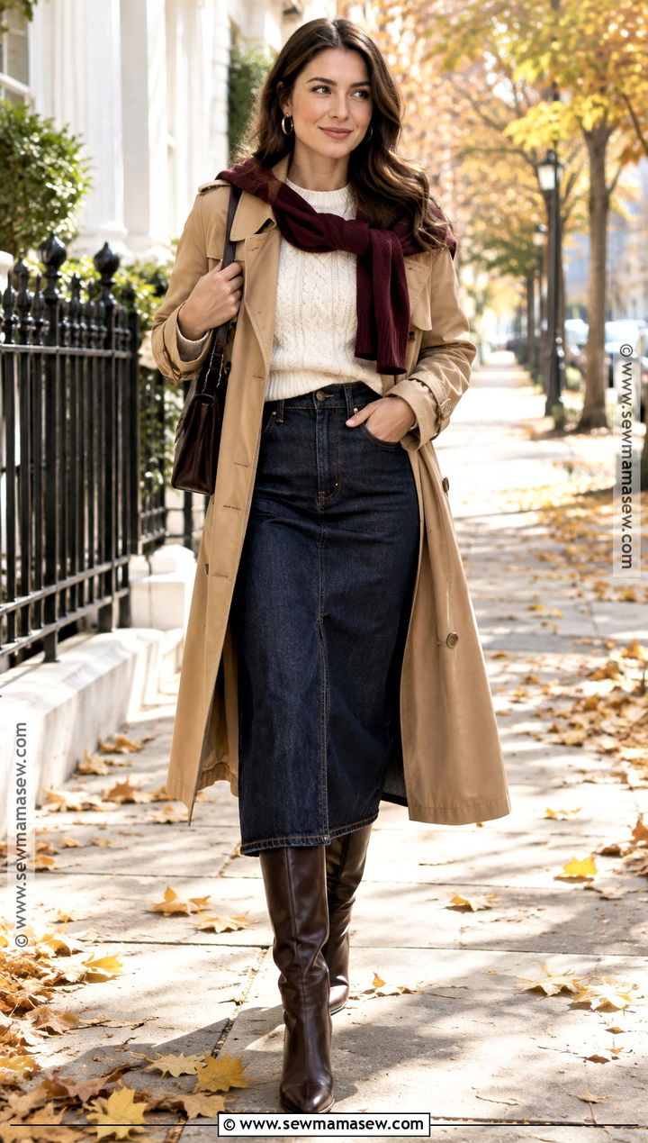 Cable Knit Sweater Stack With Denim Midi Skirt - 15 fall winter sweater stack ideas