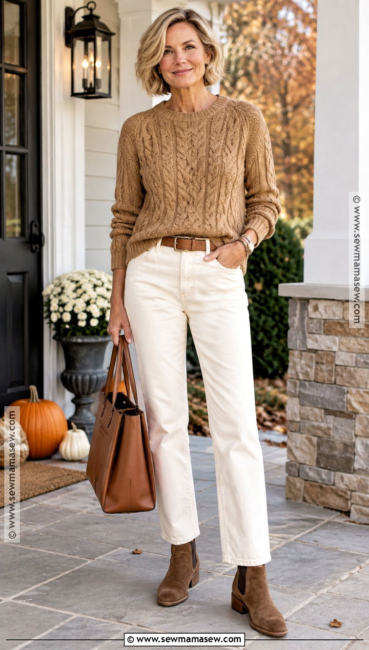 Cable Knit Sweater Thanksgiving Outfit With White Jeans - 25 Thanksgiving Dinner Outfit Women Casual Ideas