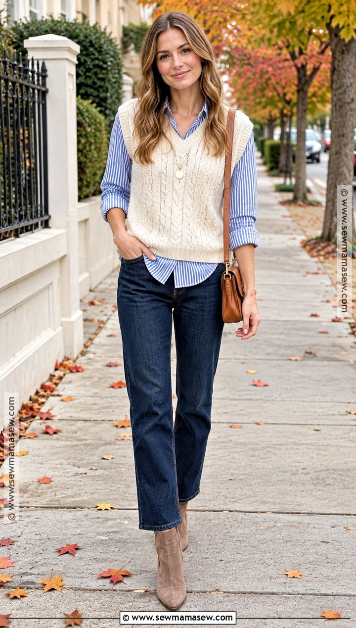 Cable Knit Sweater Vest With Straight Leg Jeans - 20 sweater vest fall outfits