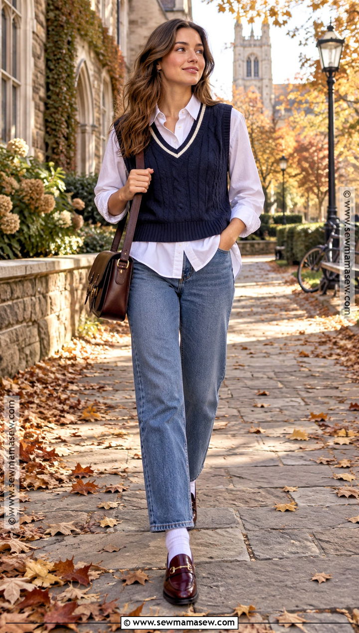 Cable Knit Sweater Vest With White Shirt And Jeans - 15 autumn cable knit style ideas