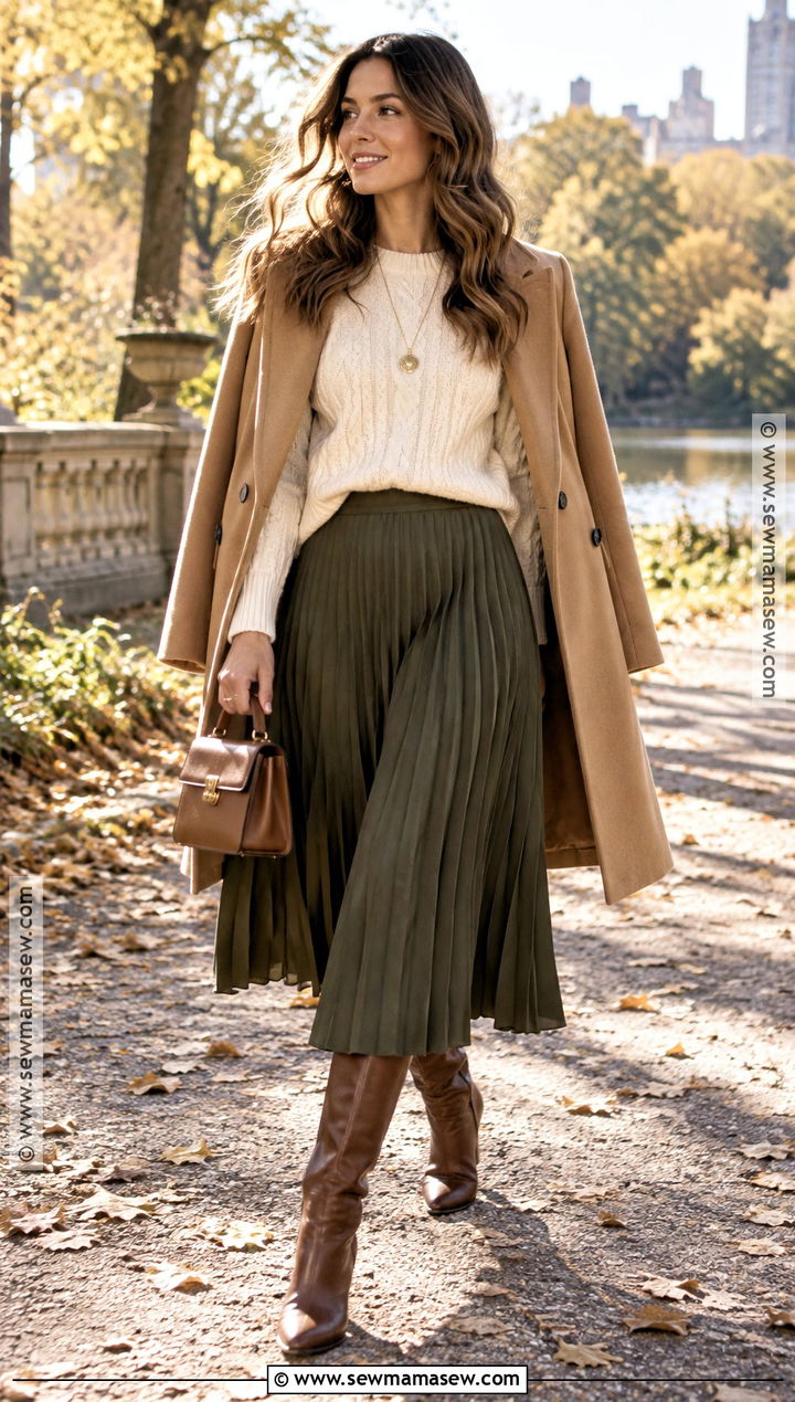 Cable Knit Sweater With A Pleated Midi Skirt - 15 cable knit sweater fall style ideas