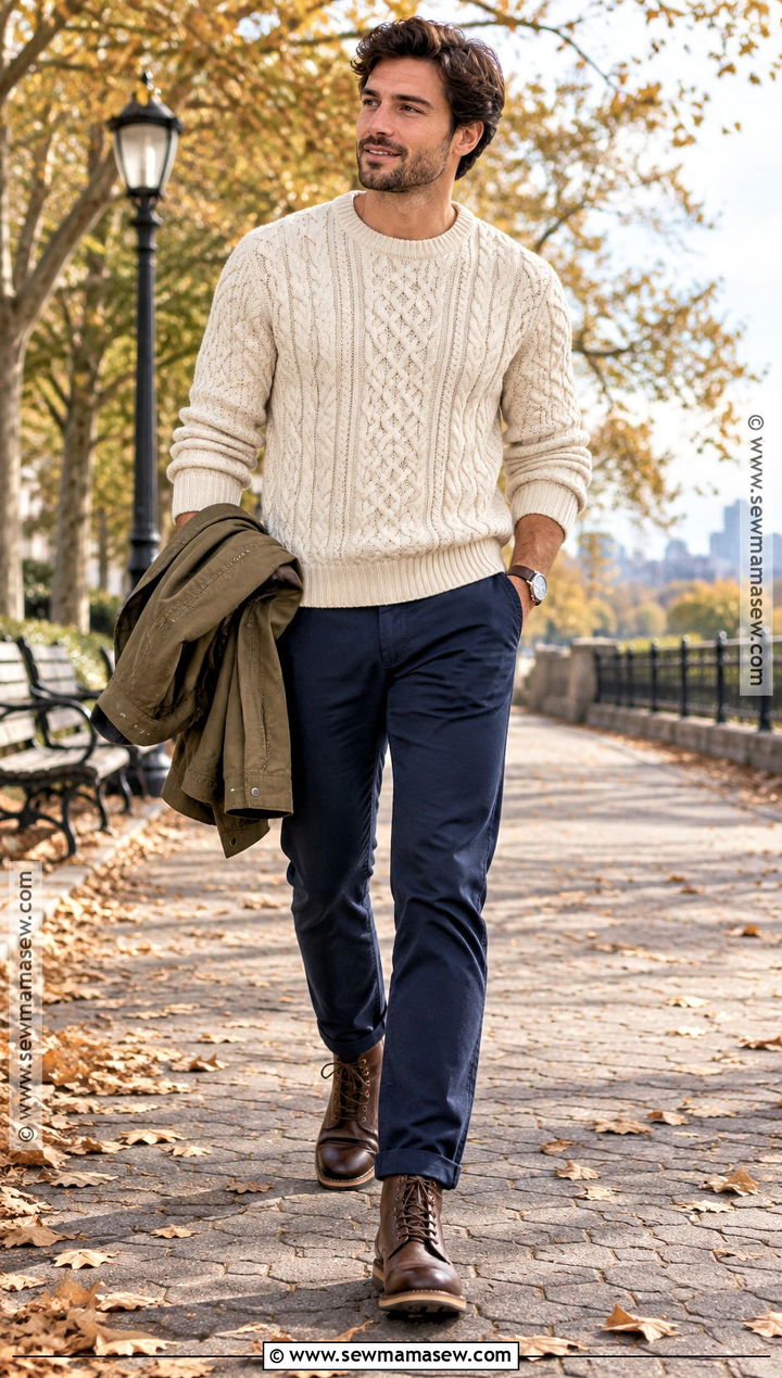 Cable Knit Sweater With Chinos And Lace Up Boots - 15 mens fall sweaters outfits