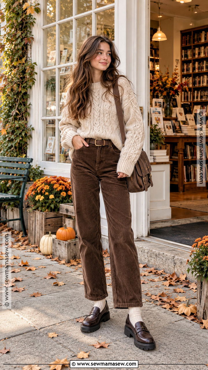 Cable Knit Sweater With Corduroy Pants - 20 Autumn Outfits Teenage for Girls