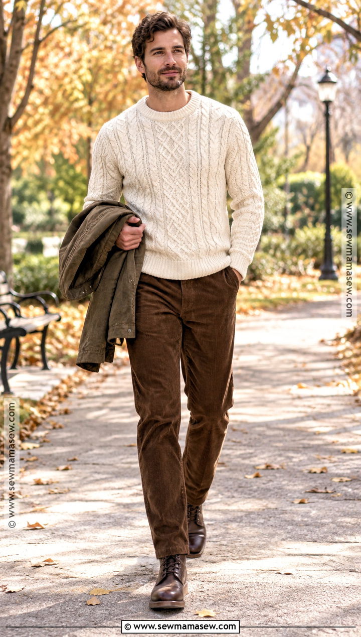 Cable Knit Sweater With Corduroy Pants And Boots - 20 Casual Outfits Men Fall