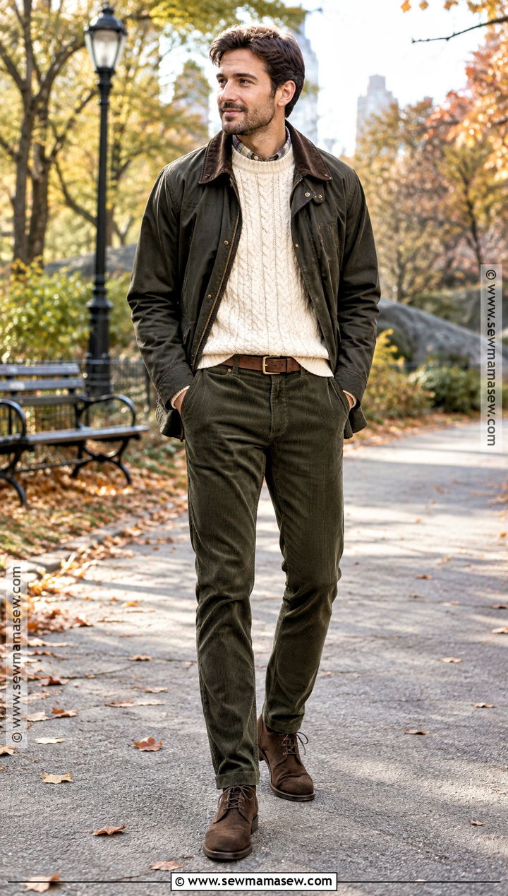 Cable Knit Sweater With Corduroy Pants And Chukka Boots - 15 fall outfits men autumn sweaters