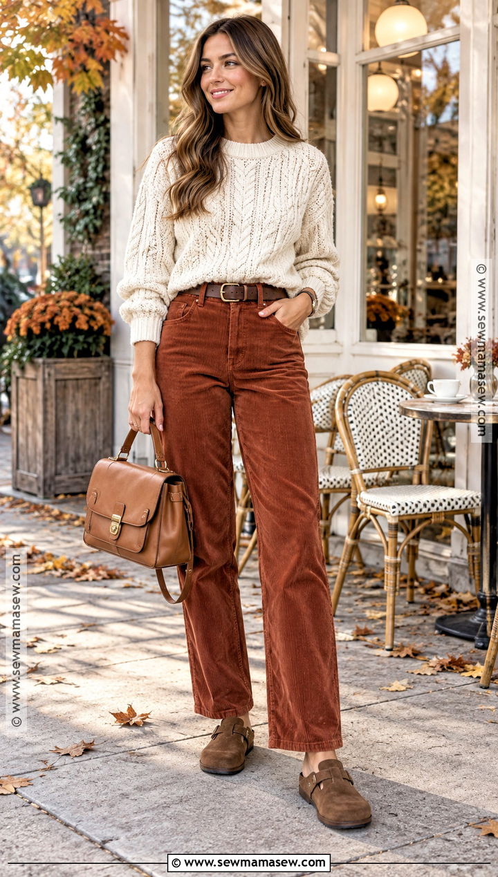Cable Knit Sweater With Corduroy Pants Fall Outfit - 15 comfort fall outfits